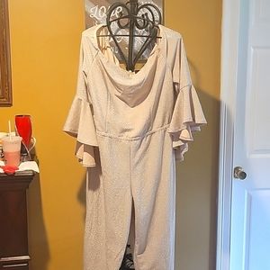 Shimmer champagne color 3/4 bell sleeve off the shoulder jumpsuit